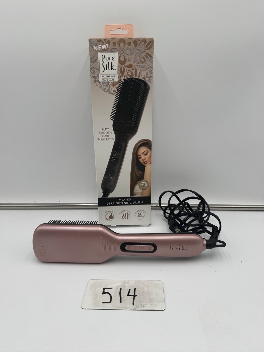 Pure Silk Heated Hair Straightening Brush Ceramic Rose Gold Tested w Box